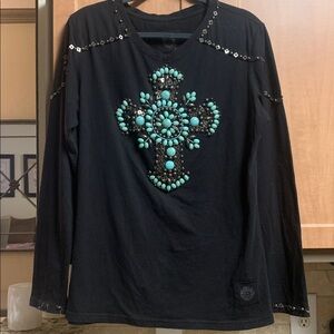 Double D Ranch Black Tee with Turquoise Cross Design